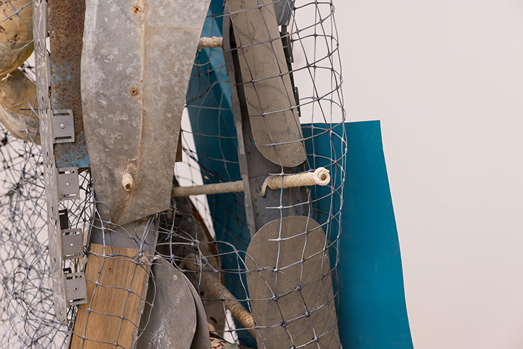 2023 plastic mesh, Flex a TracTM, metal all-thread, metal rods, eye bolts and hardware, shellacked cloth, ropes, pulleys 110” x 30” x 24” 